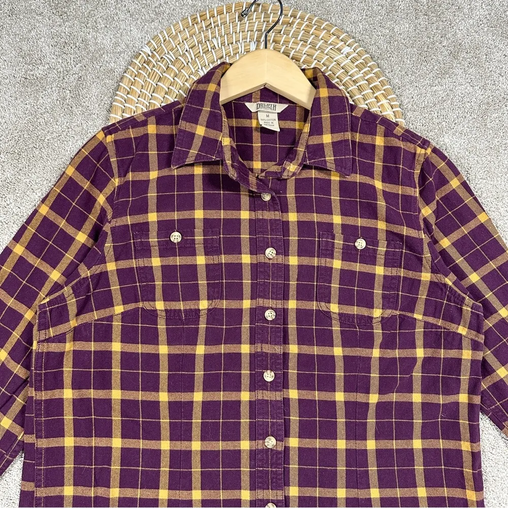 Duluth Trading Co Women’s Free Swingin Flannel Button Down Shirt Purple Yellow M Size M - Image 3