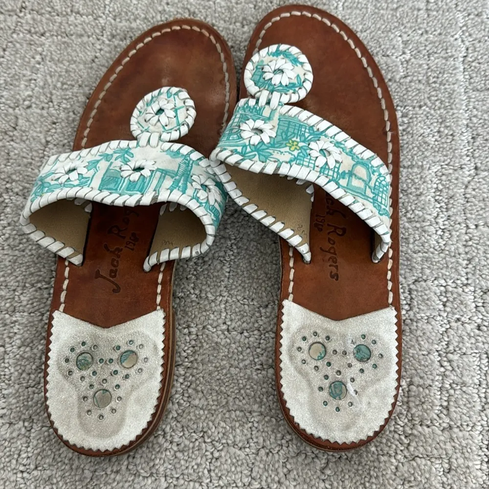 Jack Rogers teal white blue patterned leather sandal thong slide flip flop - Image 4