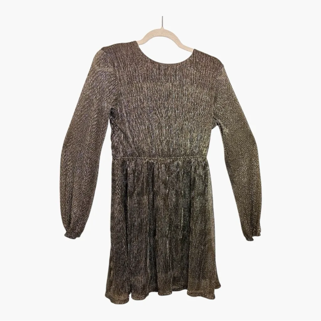 Gold Metallic Ruched Waist Long Sleeve Party Mini Dress Shimmer Holiday Small - Image 2