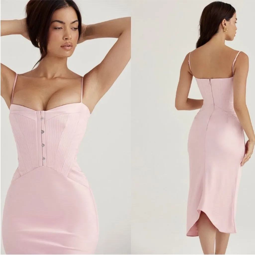 HOUSE OF CB 'Imogen' Rose Pink‎ Satin Corset Midi Dress NWOT Size S - Image 3