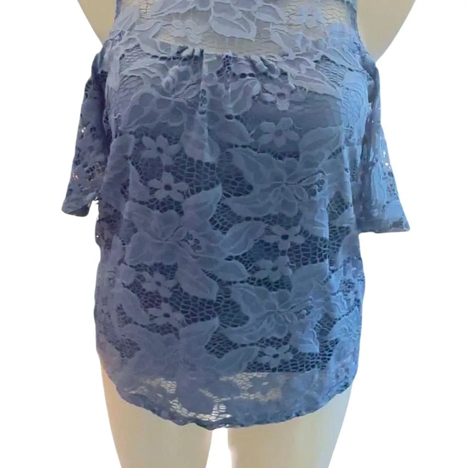 G Collection Lace Cold Shoulder Mock Neck Blouse Slate Blue Size L Size L - Image 3