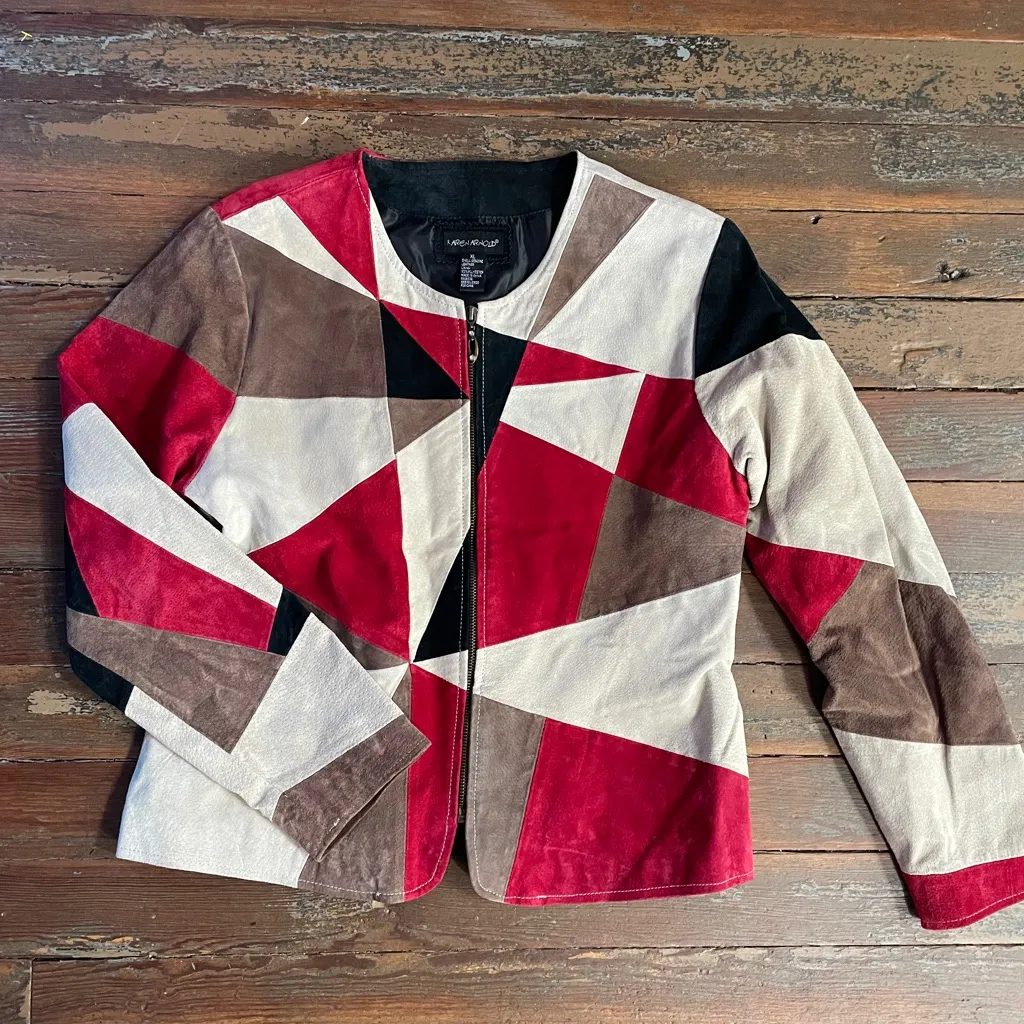 Vntg Karen Arnold Patchwork Leather Jacket Red Cream Colorblock Y2K - Image 3