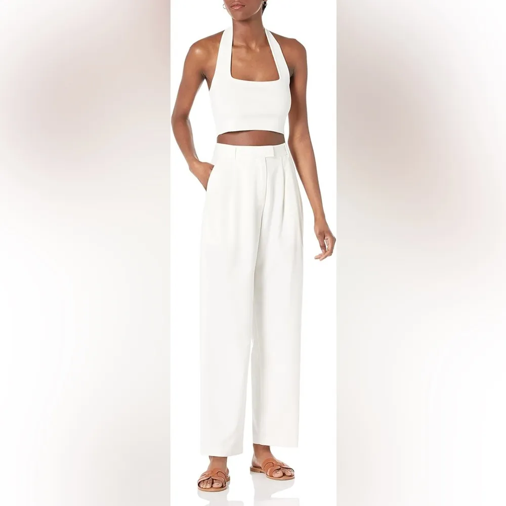 Ivory Pleated High Waist Straight Trousers White Size M - Image 9