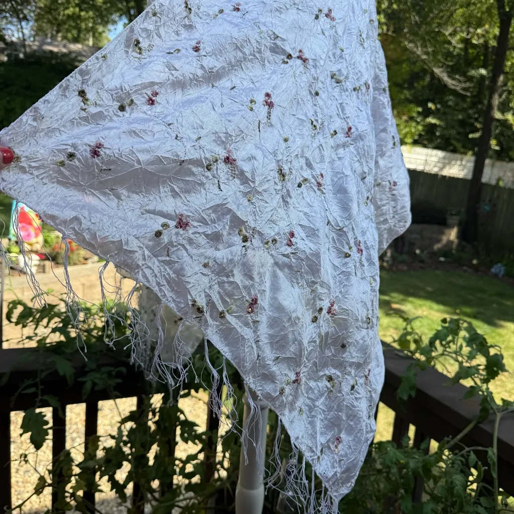 White Taffeta Embroidered Scarf 64"×24” Floral Gold & Red With Eyelash Fringe - Image 3