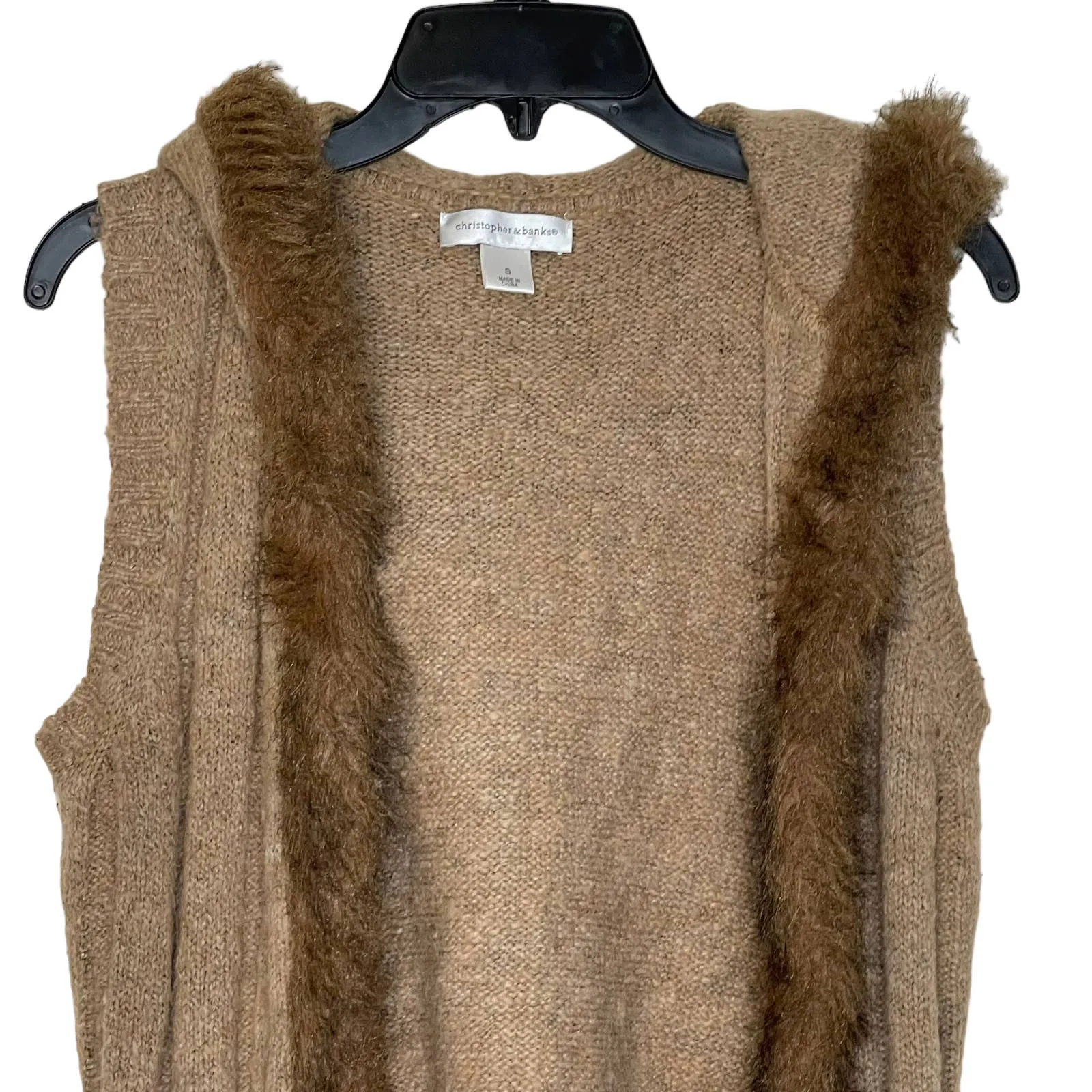 Christopher & Banks Open Hooded Brown Vest Fux Fur Trim Wool Blend‎ Women Small - Image 2