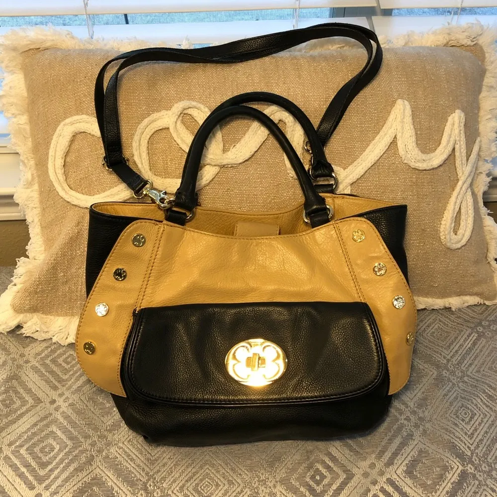Emma Fox Large Tan/Black Leather Gold accent Purse - Image 2