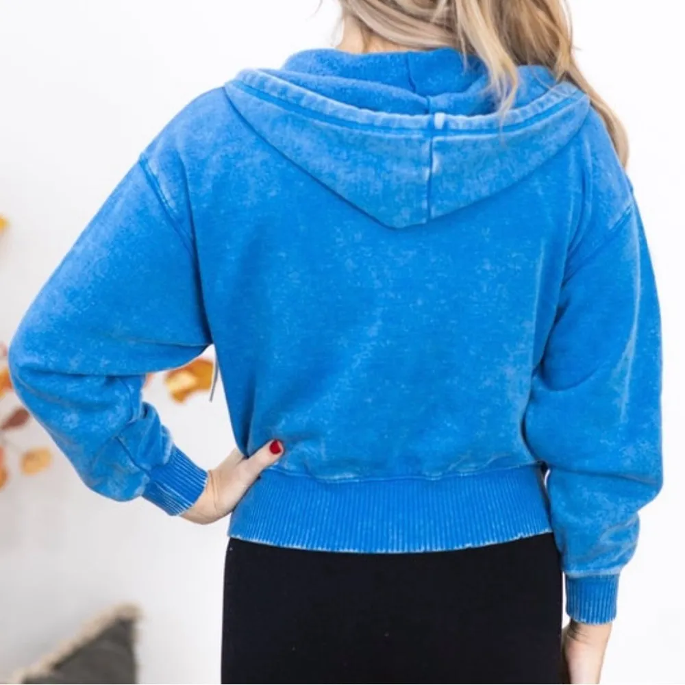 ZENANA Bright Blue Washed Fleece Full Zip Hoodie Jacket Small NWOT - Image 2