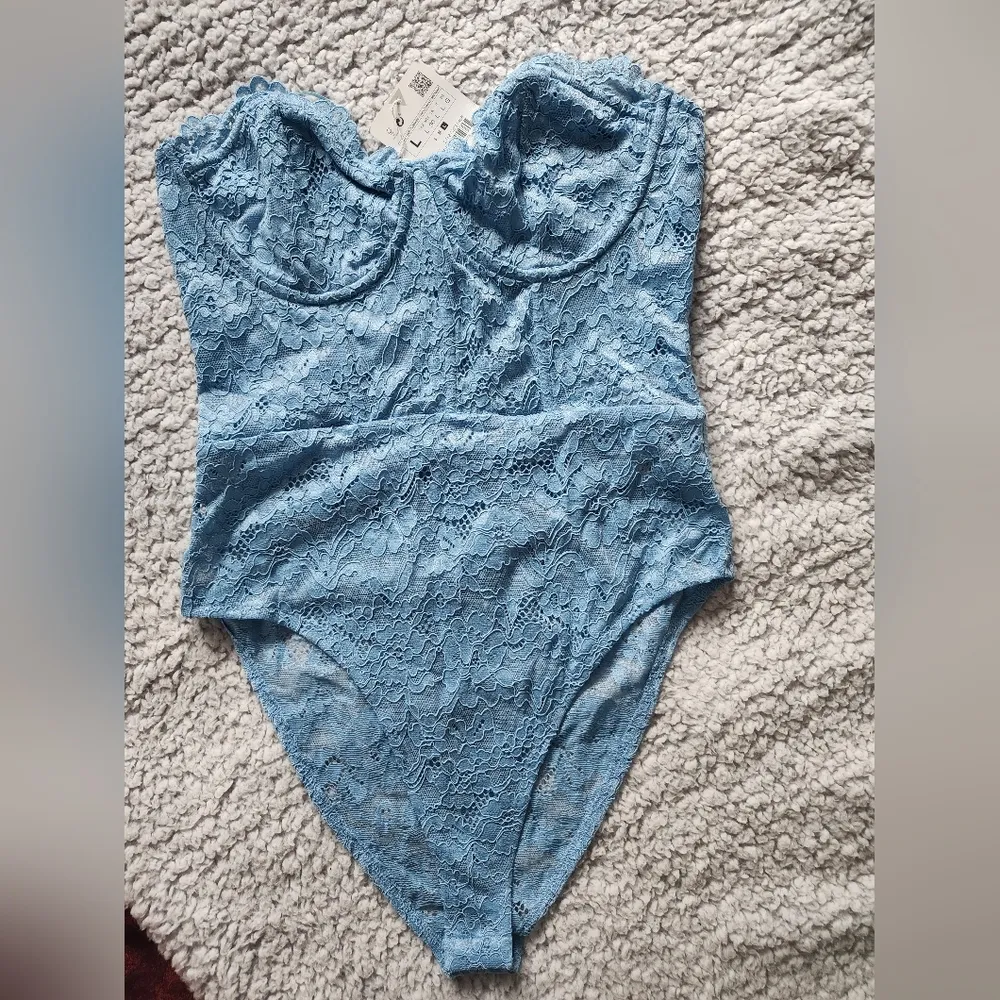 NWT Zara women lingerie lace bodysuit light blue Size L - Image 8
