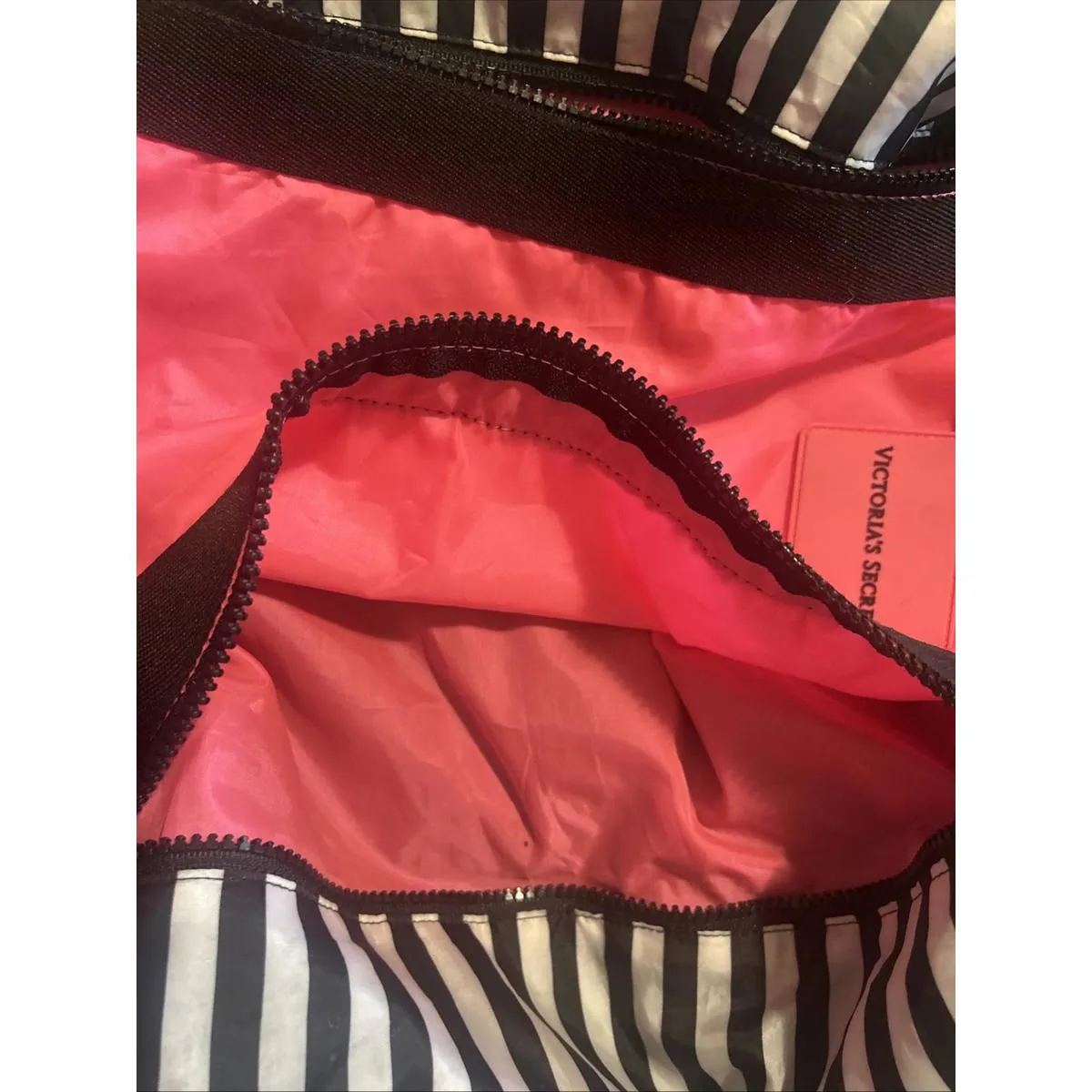 Victoria Secret Sport Pink Black Stripe Carry Tote Weekender Bag Beach Shopper - Image 6