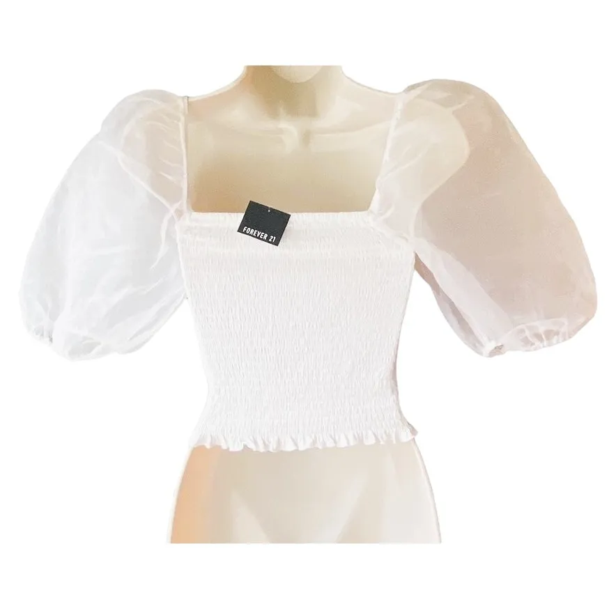 NWT ~ White Tube Top Off Shoulder Huge Clear Mesh Puffy Sleeves ~ Women's SMALL - Image 4