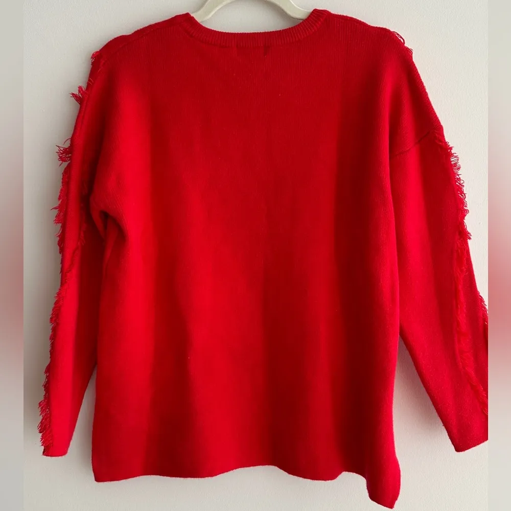 ontwelfth Red Fringey Sweater, Bright Red Knit Crewneck Sweater, Size Medium - Image 12