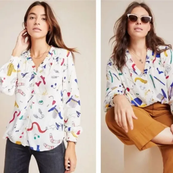 Anthropologie’s Maeve Marisol Ruffled Winter Ski Print Blouse, Size 8 - Image 2
