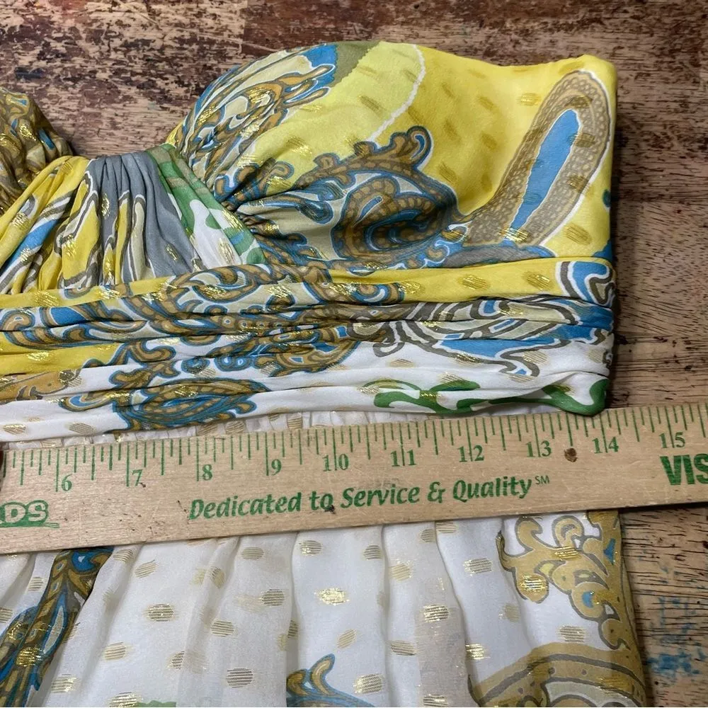Y2K Aidan Mattox Strapless Silk Mini Babydoll Dress Yellow Blue‎ Gold Paisley 8 - Image 6