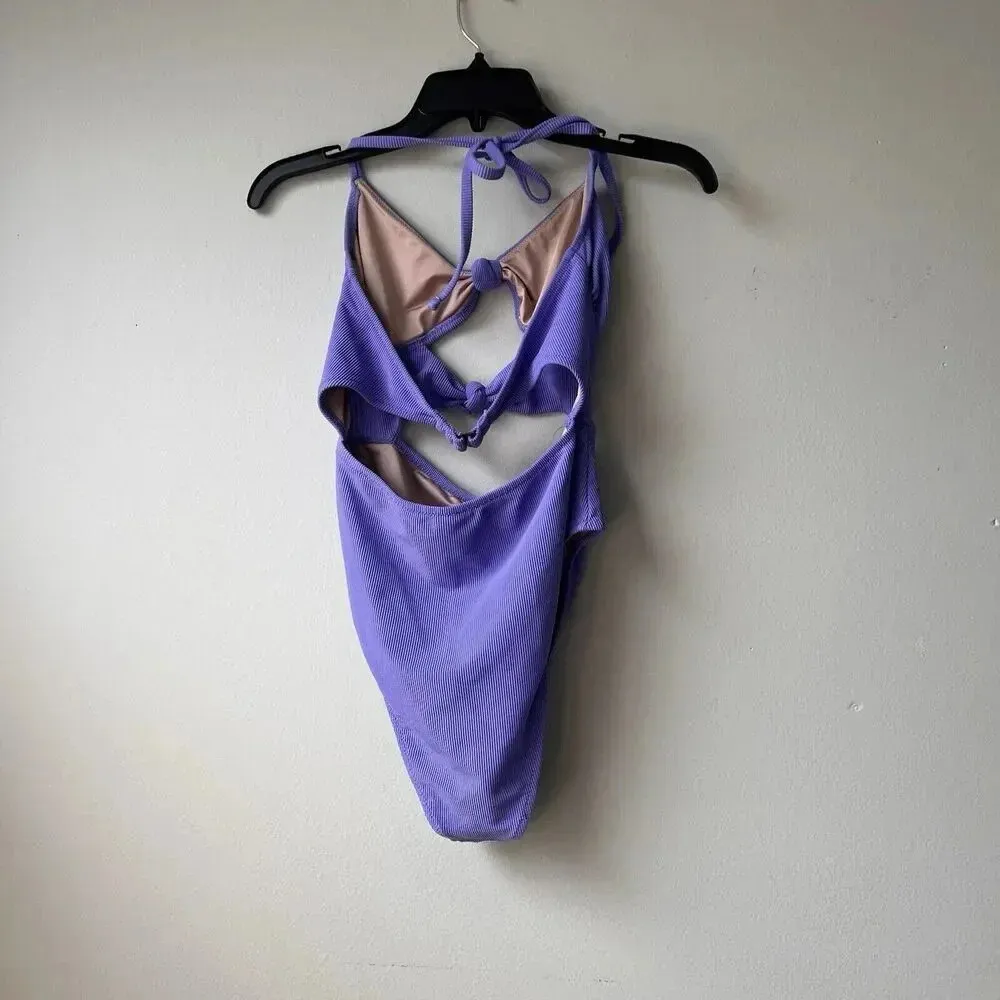 Shade & Shore Double Knot‎ Cut Out Ribbed One Piece Swimsuit S Purple Cheeky - Image 5