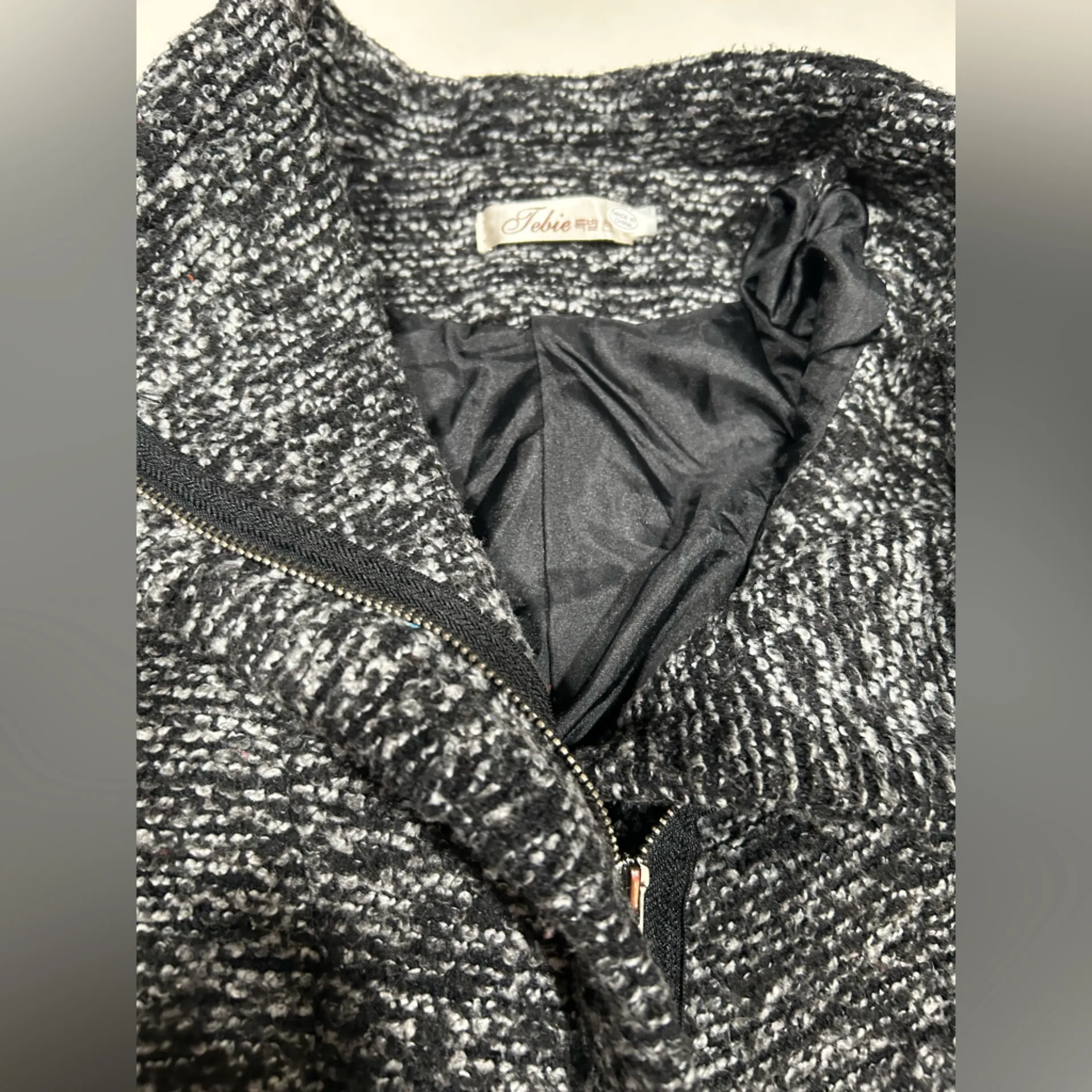 NEW Tweed Black & White Marled Knit Lined High Collar Winter Coat XS/S - Image 5