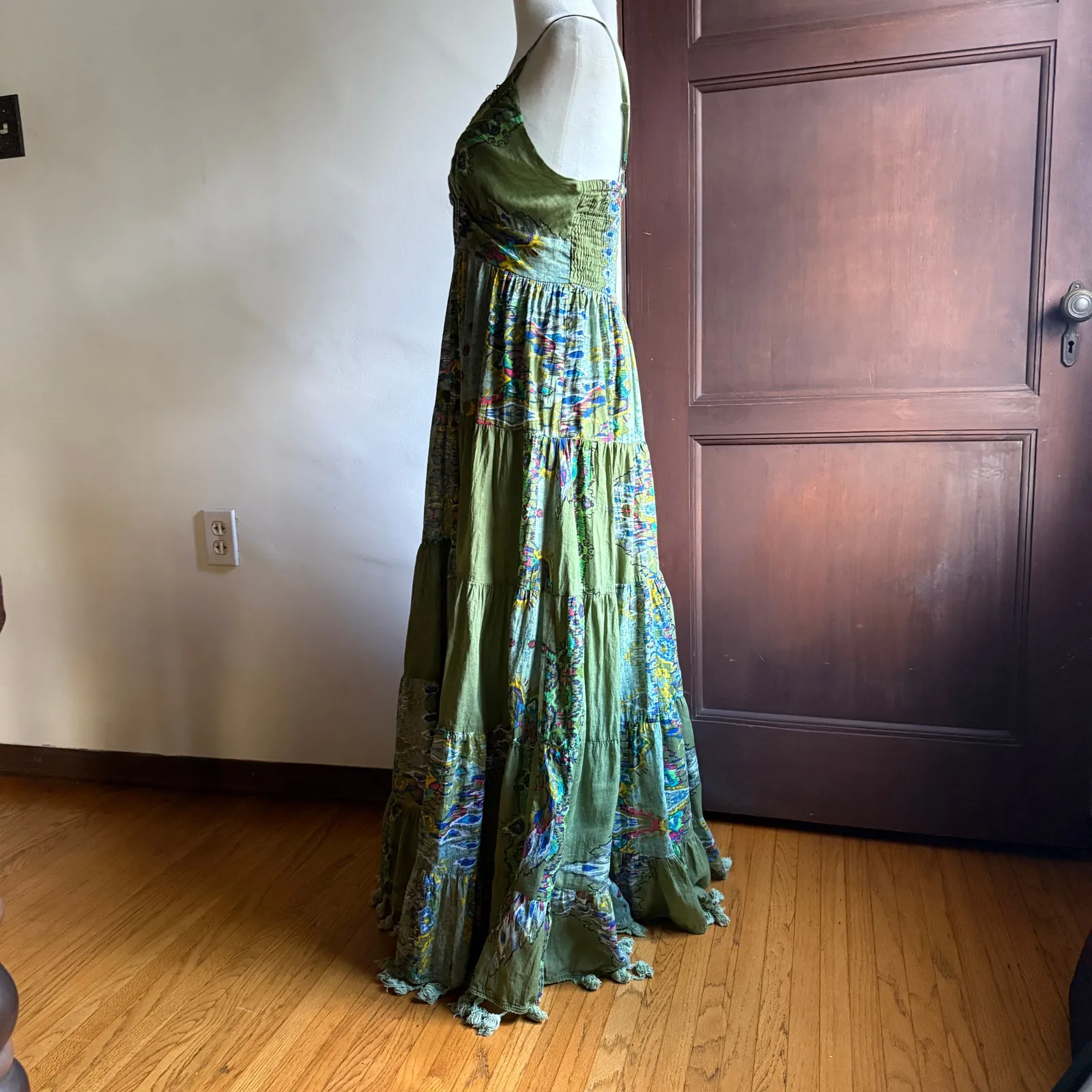 BAROK | Anthropologie Green Floral Beaded Tiered Maxi Dress Tassel Fringe Small - Image 5
