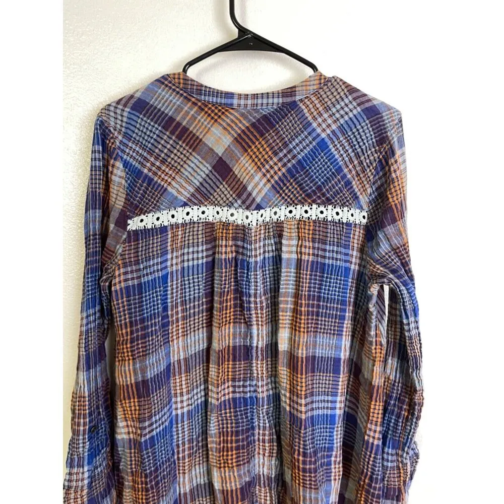 Holding Horses Dress Plaid Long Sleeve Button Up V Neck Boho Hi Lo Womens Large - Image 9