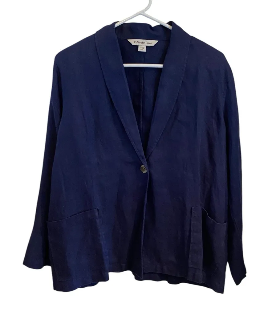 Coldwater Creek Navy Blue Linen Oversized Blazer Coastal Grandma Old Money - Image 1