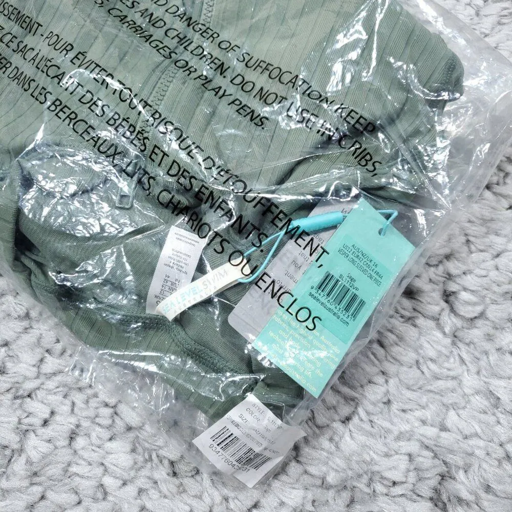Sea Level Vesper Long Sleeve One Piece Ribbed Zip Swimsuit Size 12 Sage Green - Image 10