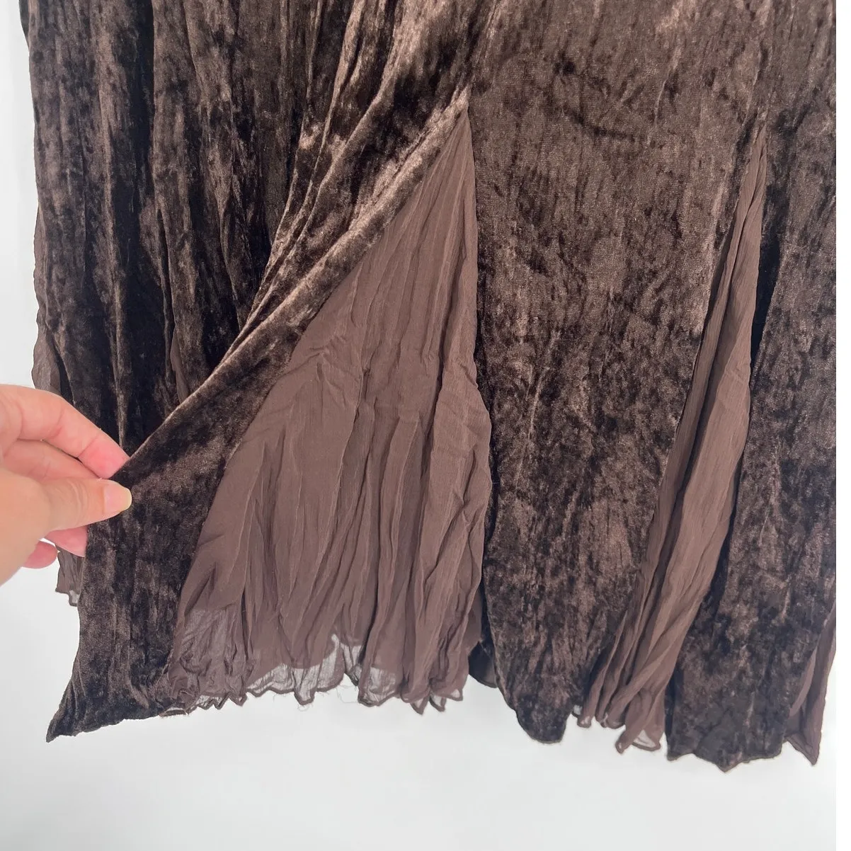 Velvet Chiffon Insert Midi Skirt XL Grunge Witch Chocolate Whimsigoth Boho Fairy Brown - Image 4