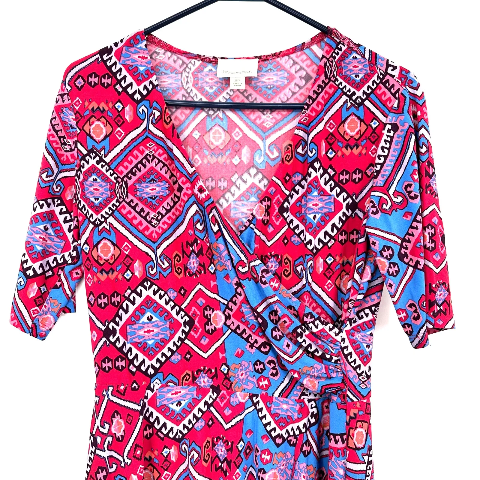 Donna‎ Morgan Size 6 Petite Faux Wrap Style Short Sleeve Dress Red Blue Pink - Image 3