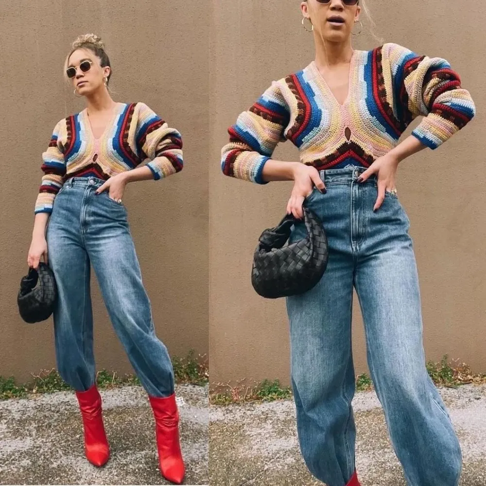 Sea New York Olina Ombre Rainbow Knit Sweater Top Crochet Wool Balloon Sleeve Size XS - Image 5