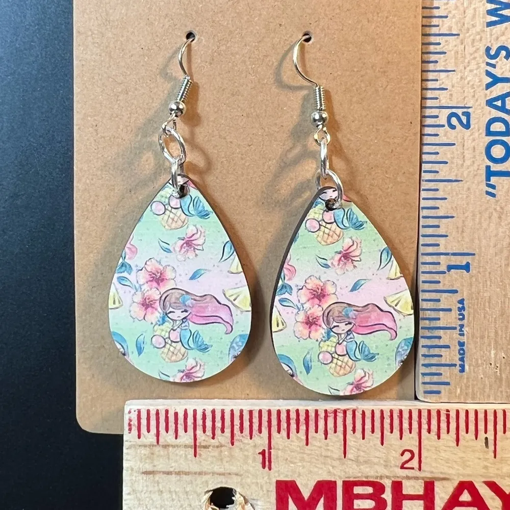 Pink And Green Mermaid Teardrop Dangle Pierced Earrings - Image 3