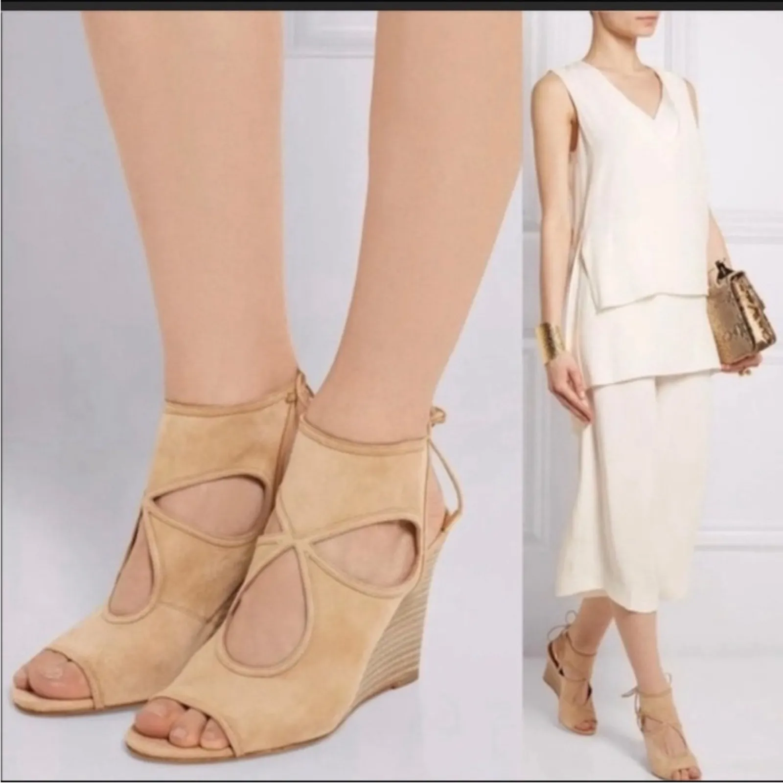 Aquazzura Firenze tan nude Sexy Thing Wedges 85 strappy heels 36.5 Size 5.5 - Image 2