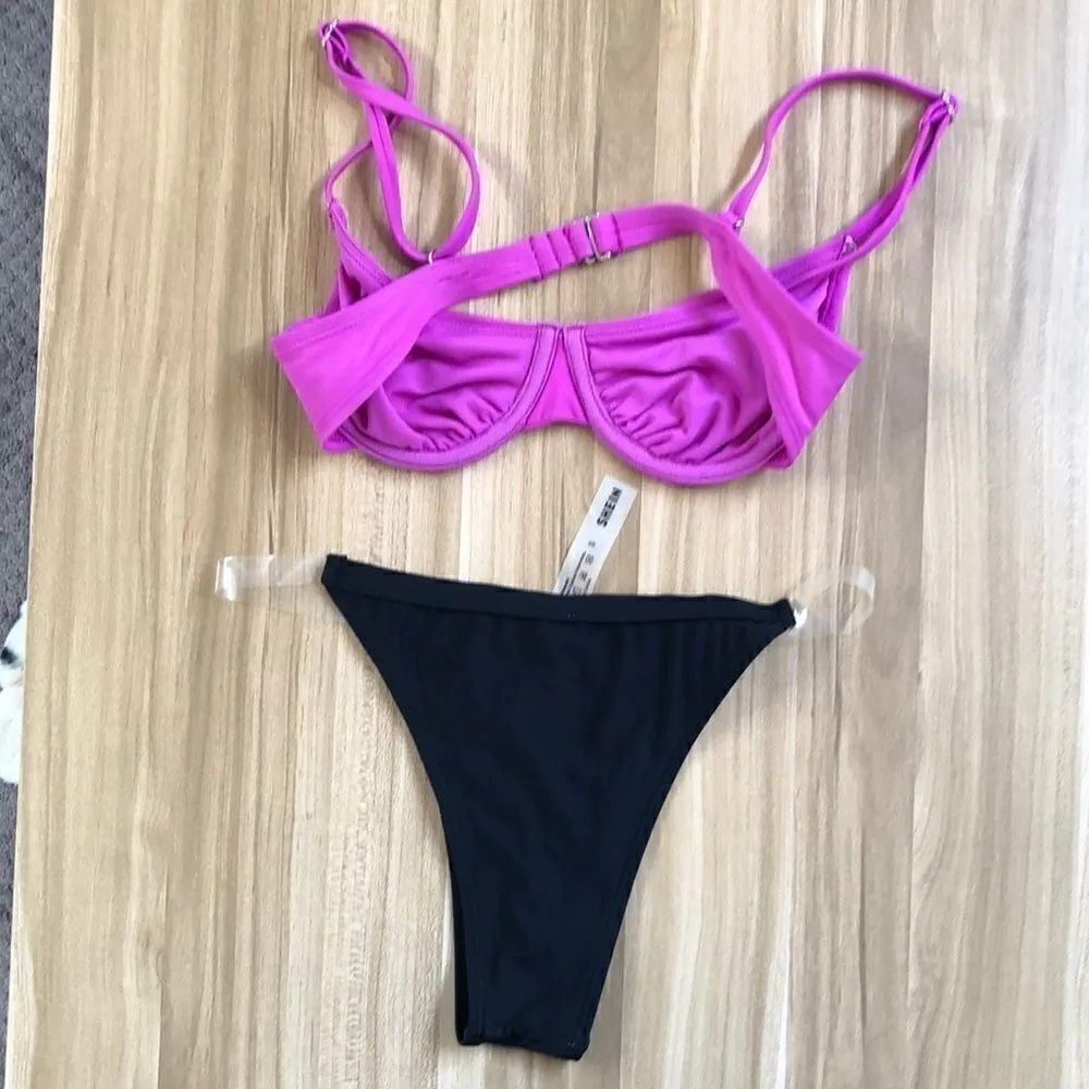 Shein Bikini. Unique clear plastic straps. Xtra pink xhilirarion top. Size S. - Image 4