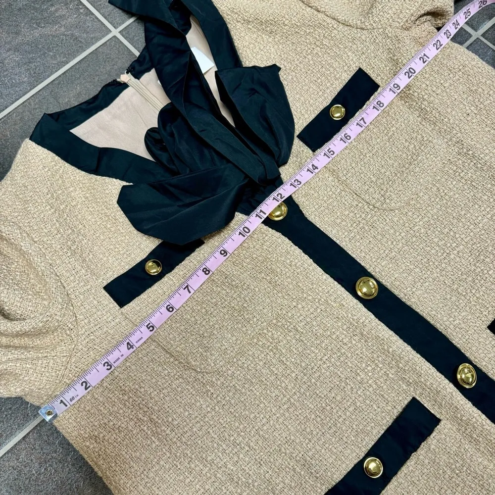 Pomander Place Tuckernuck Coco Tweed Bow Long Sleeve Mini Dress Tan Black XL - Image 14