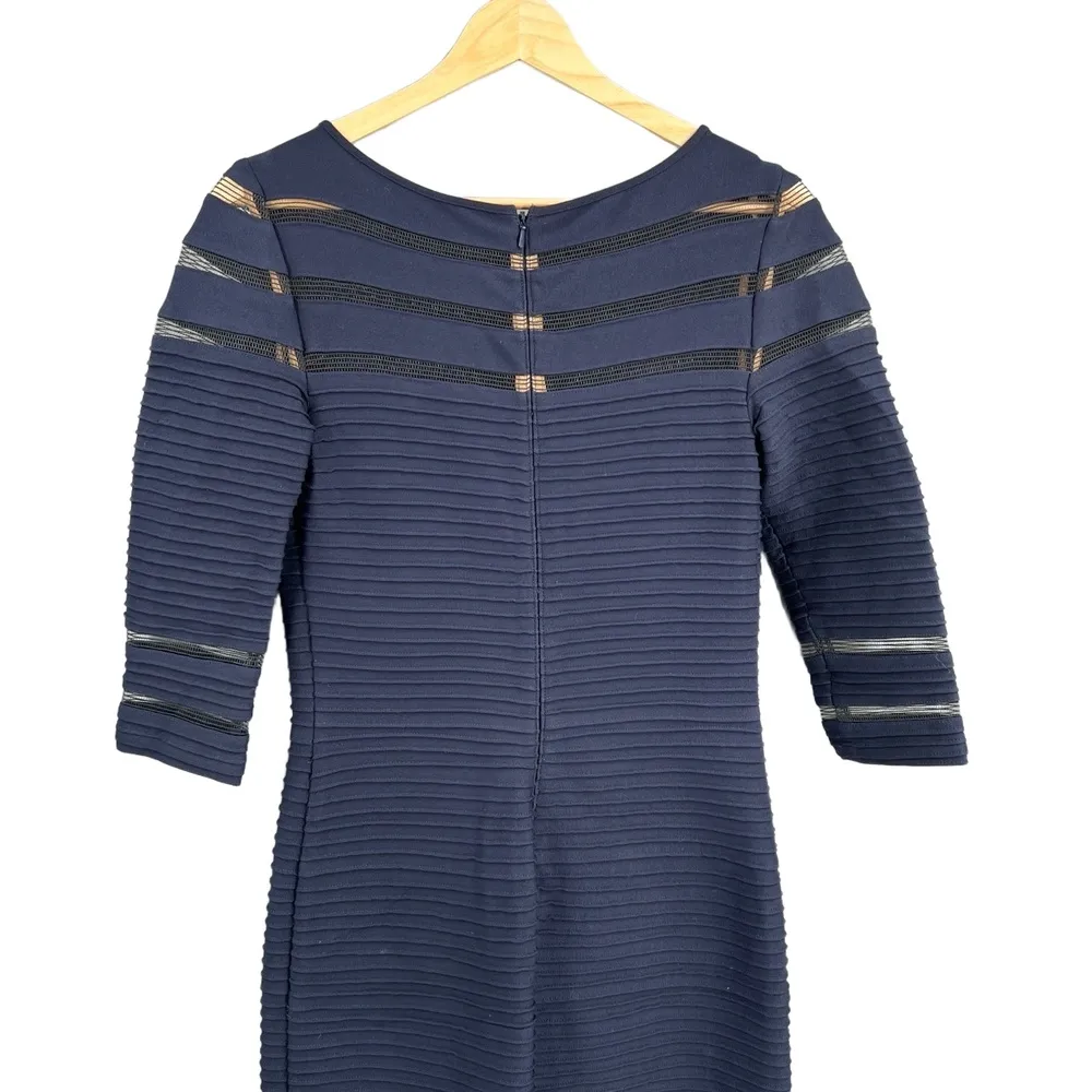 Tadashi Shoji Dress Floor Length Navy Blue Mesh Stripes Mermaid Ruffle Hem Small - Image 5