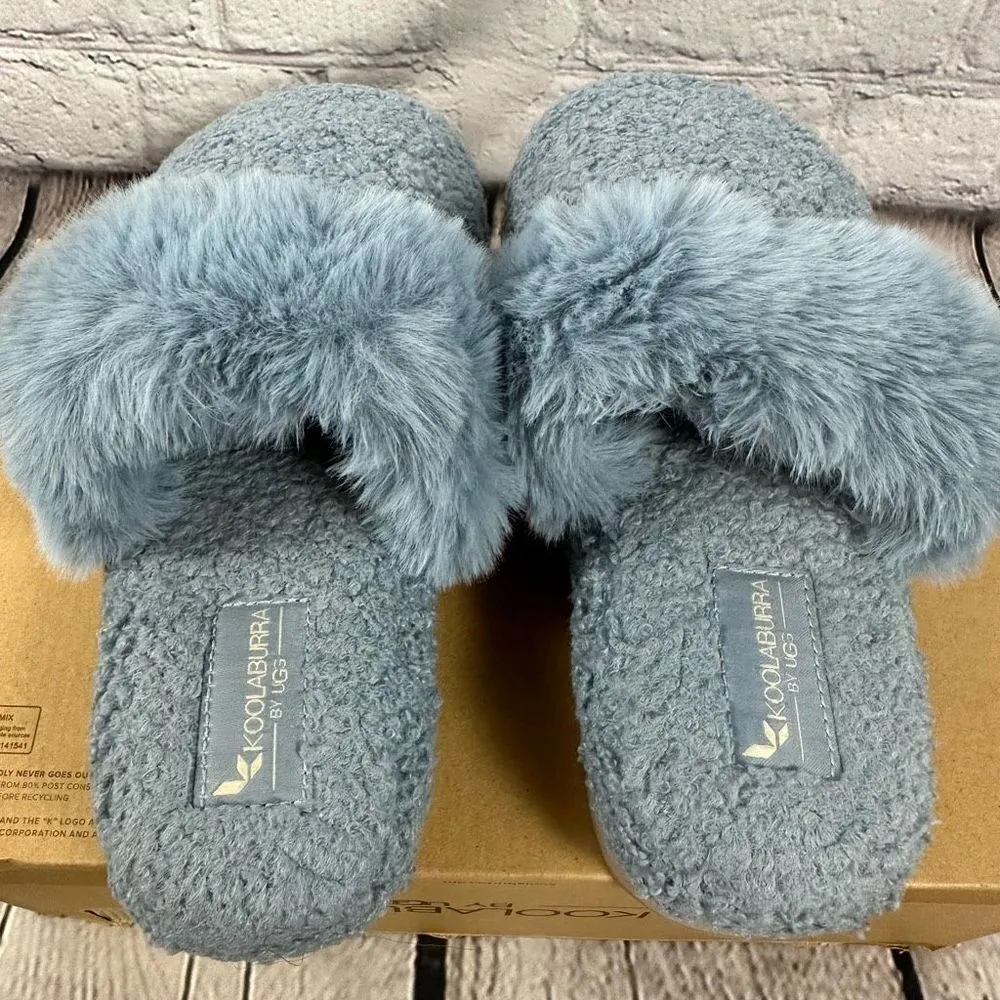 Koolaburra by UGG Women’s Peachee Closed Toe Faux Fur Slide Slipper Flat Blue 5 - Image 9