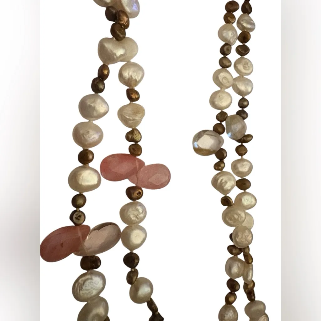 Freshwater Pearl, Rose Quartz and Rutilated Quartz long Hand Knotted Necklace - Image 6