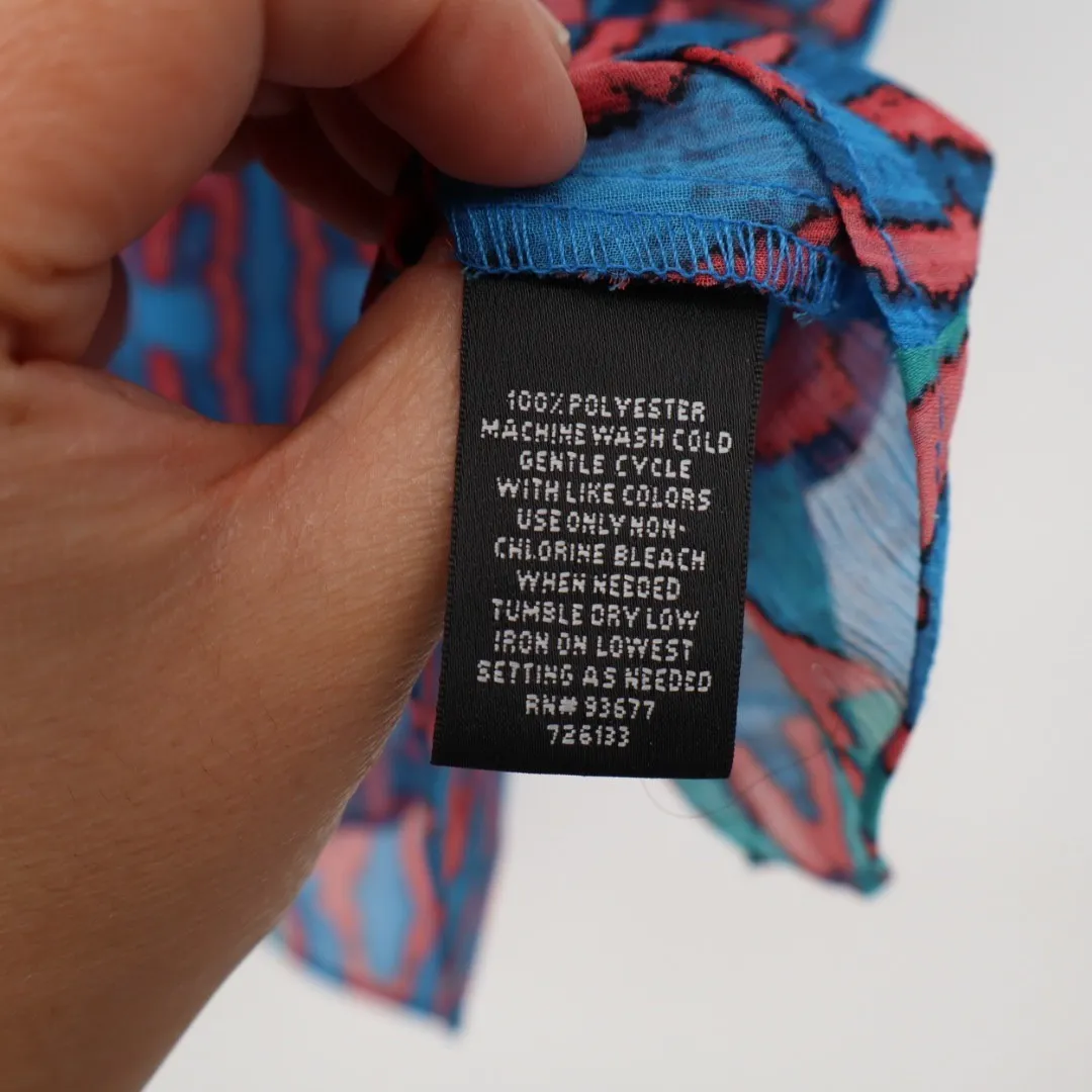 Nicole Miller M Cold Shoulder Tie Neck Blouse Top Geometric Print Blue Pink M - Image 4