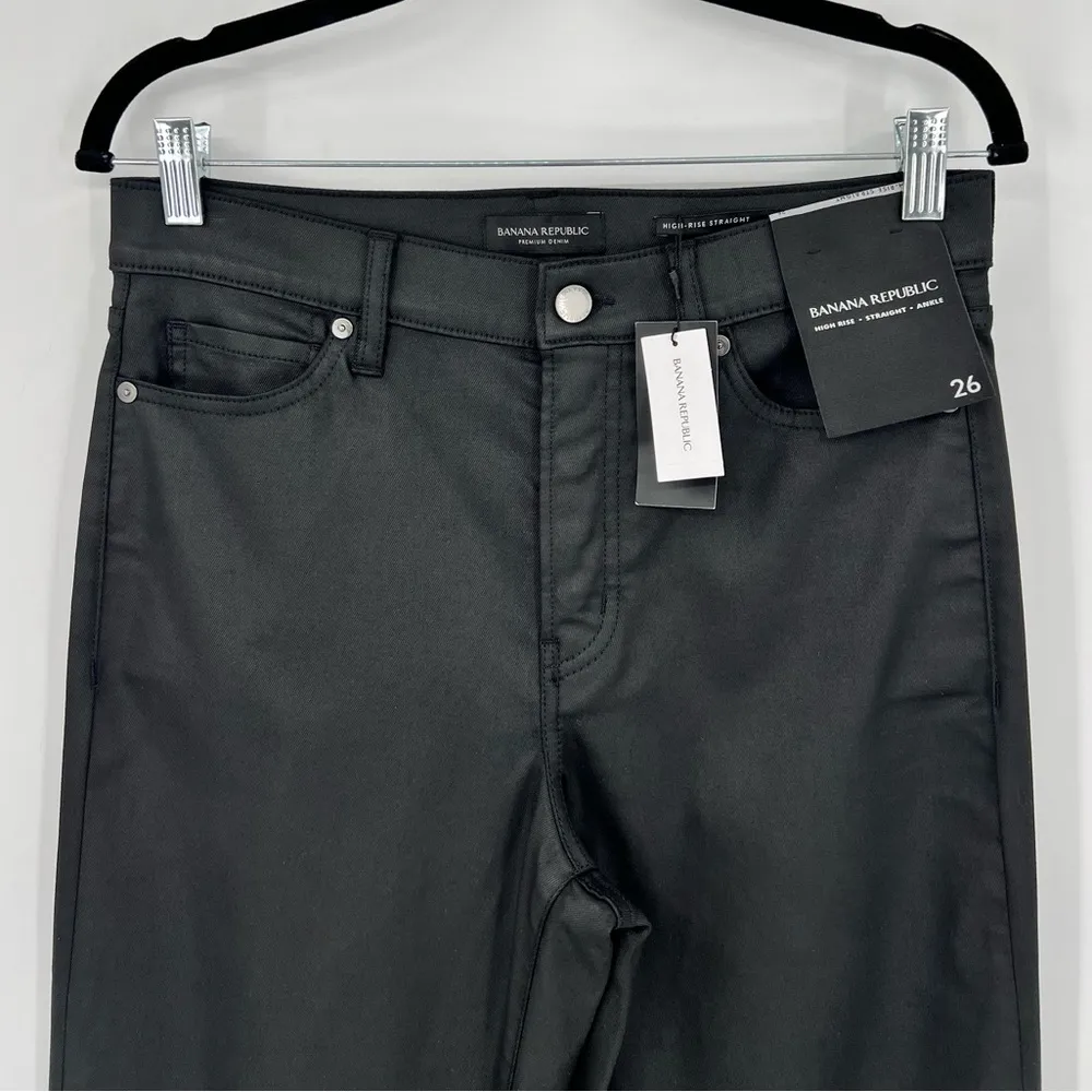 🆕 NWT Banana Republic High Rise Straight Leg Ankle Jeans Wax Coated Black Sz 26 - Image 9