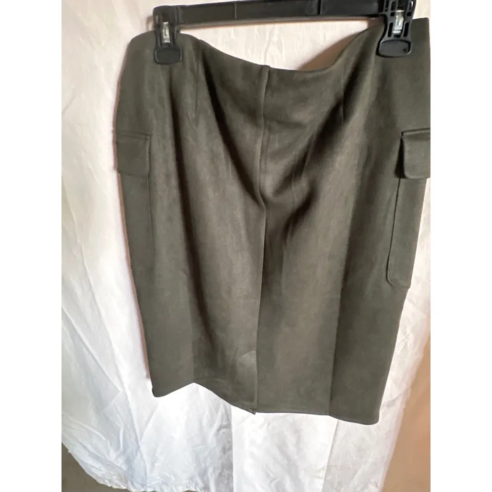 NYCC Olive Green Faux Suede Pencil Skirt Belted Pockets Career L Size L - Image 2