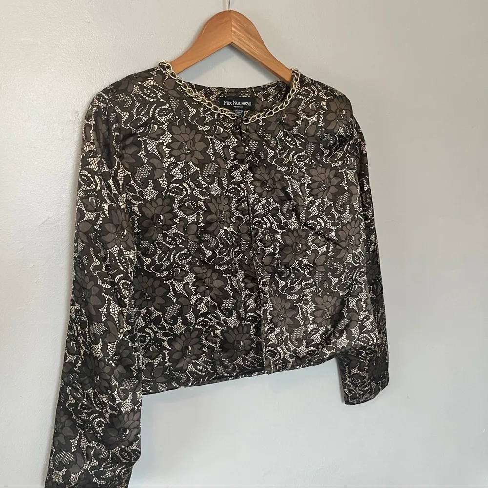 Mix Nouveau Silk Like Floral Pattern Blazer Jacket Coat Black Small - Image 2