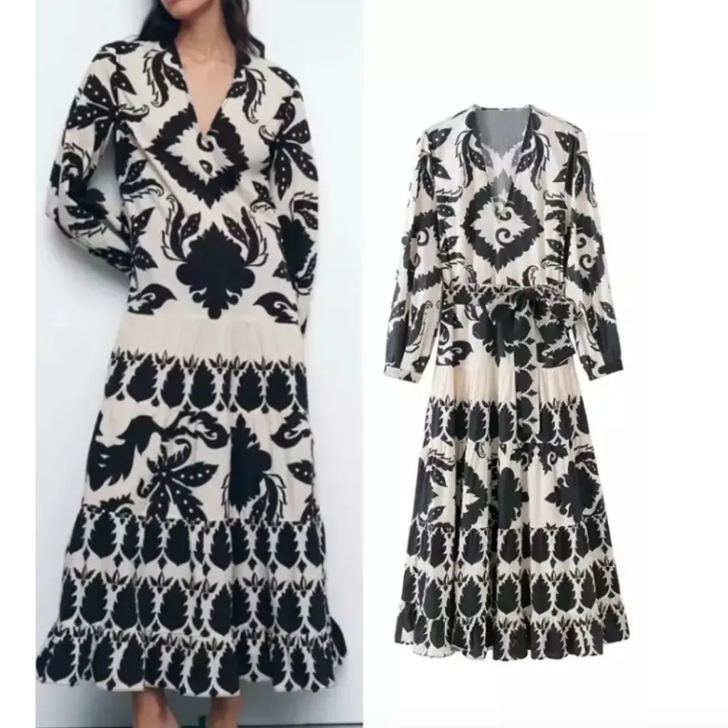 Zara Black & Cream Printed Long Sleeve Midi Dress - Image 2