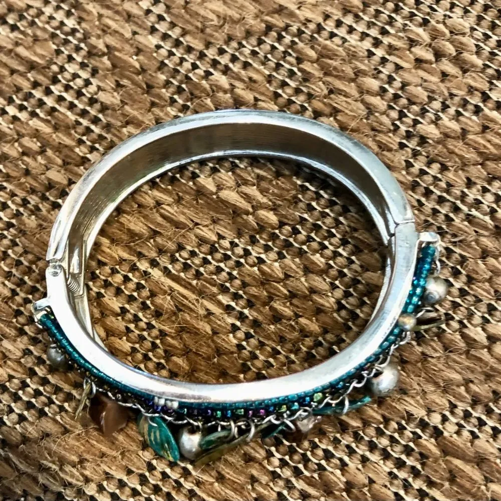 CUSTOM MADE Multi Strand Beaded Stones Disc Hinged Metal Band 9 inch Bracelet - Image 4