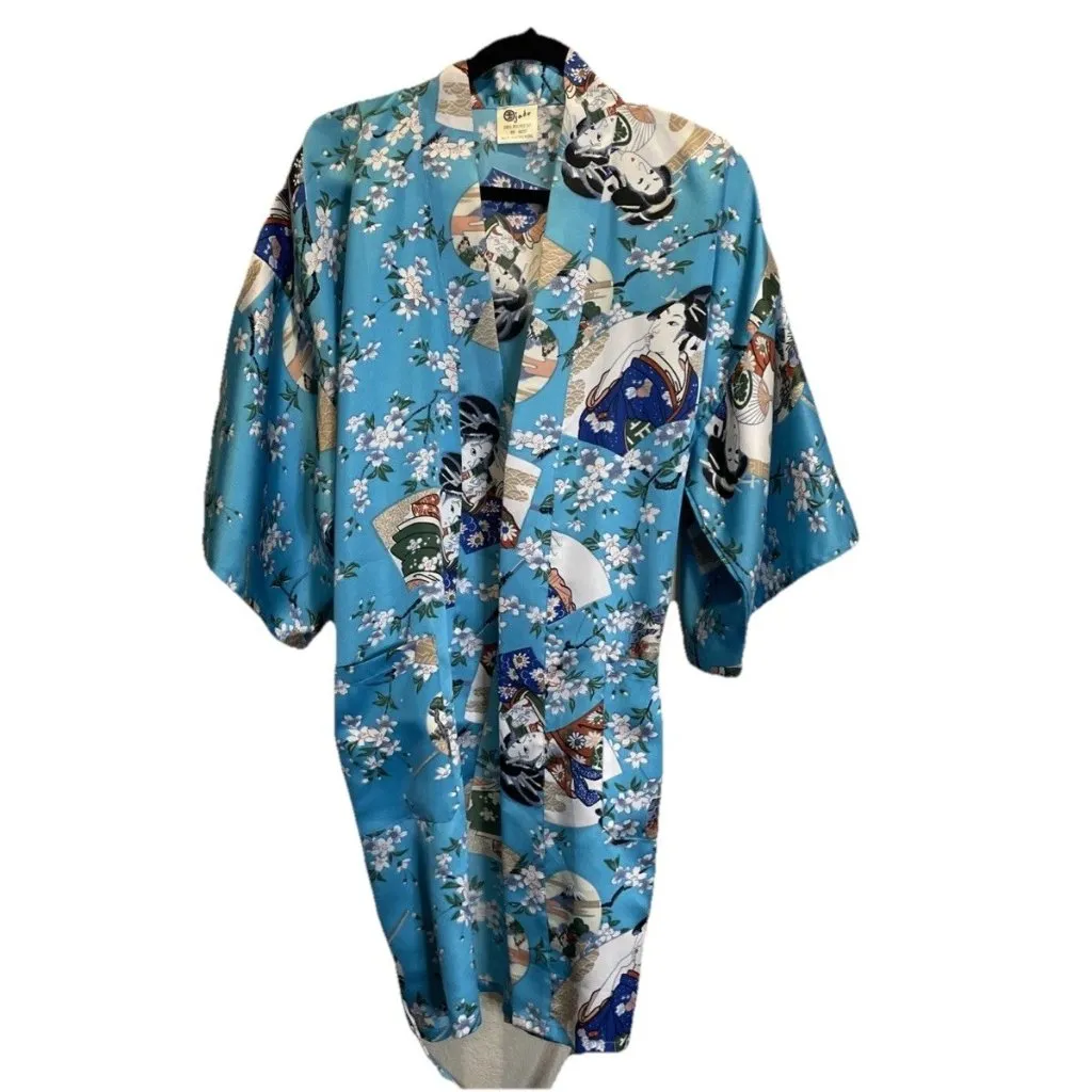 Jade Blue Floral Geisha‎ Girl Kimono Robe Pockets Hong Kong Asian Vintage Size L - Image 3