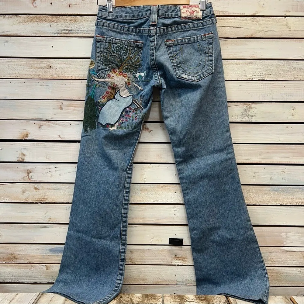 Rare Y2K True Religion Lady Godiva Embroidered Low-Rise Flare Jeans Sz 27 - Image 5