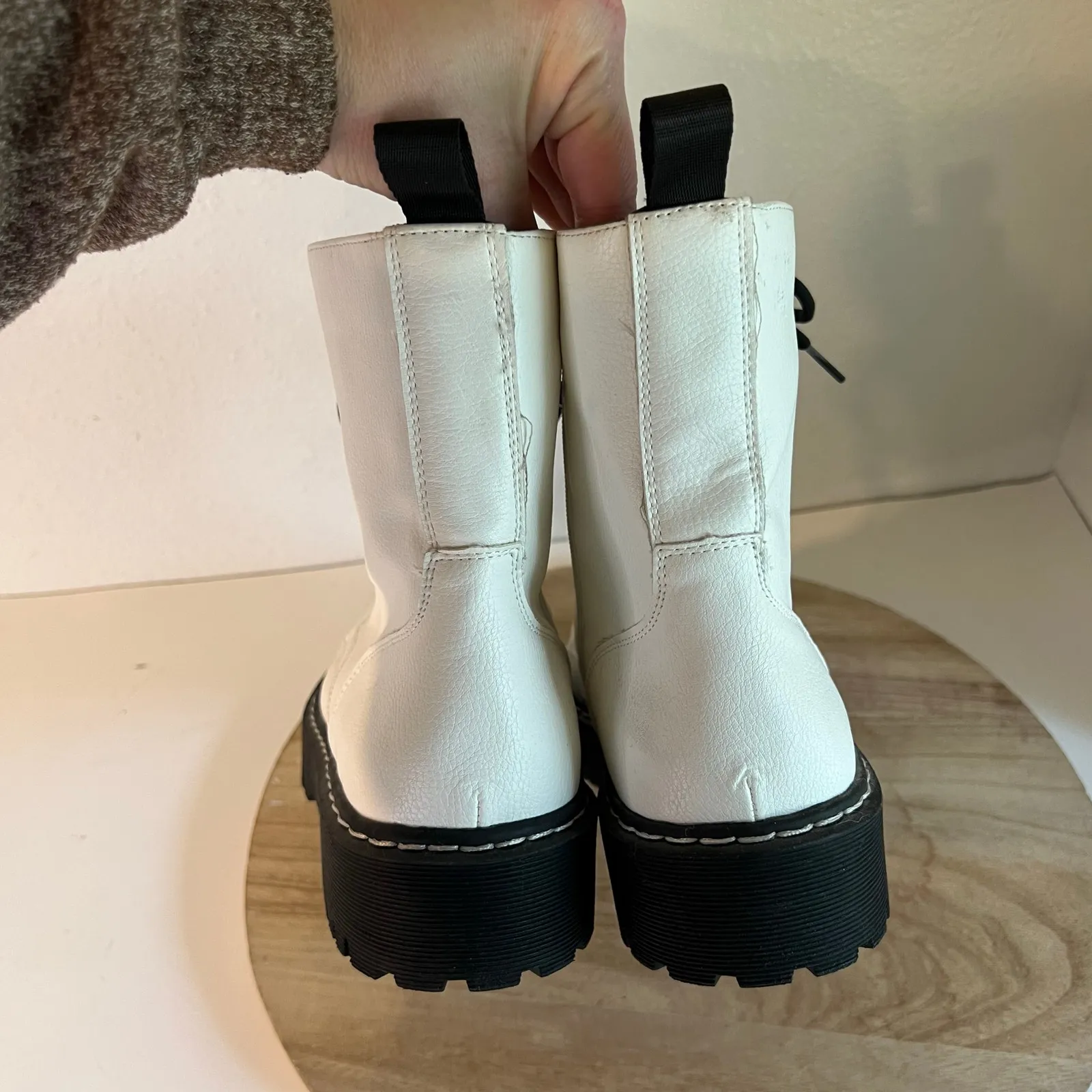 Unionbay White Vegan Leather Zipper Side Lace Up Combat Moto Boots Size 10 - Image 4