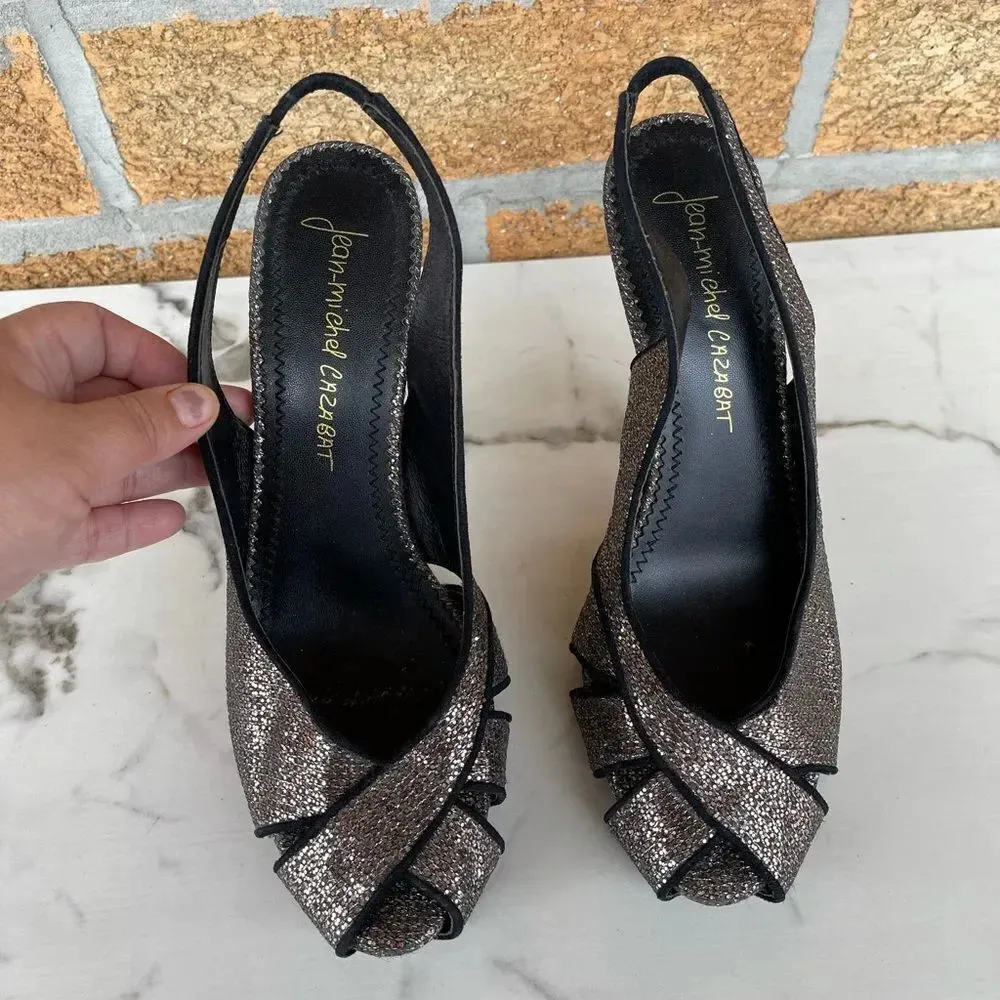 Jean Michel Cazabat Copper Sparkle Slingback Heels Silver Size 9.5 - Image 2