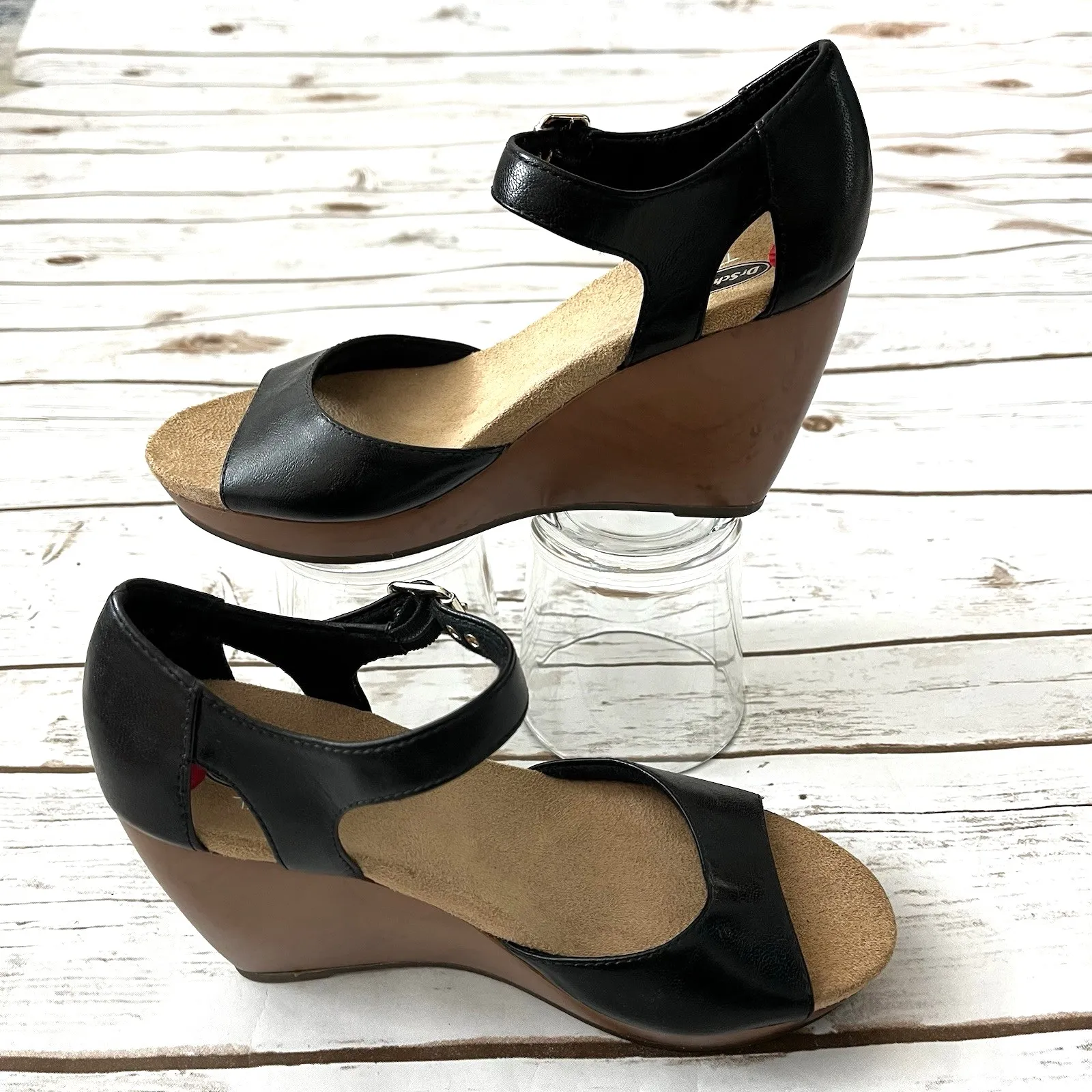 Dr Scholl's Wedge Heel Sandal Women US 6 EU 36 Black Faux Leather Ankle Strap - Image 2