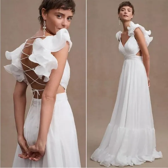 NEW NWT  Ruffle Tiered Cut Out Chiffon Gown White - Image 2
