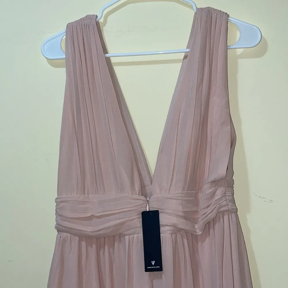 Womens New LuLus Heavenly Hues Deep V Neck High Slit Maxi Dress Blush Pi… - Image 12