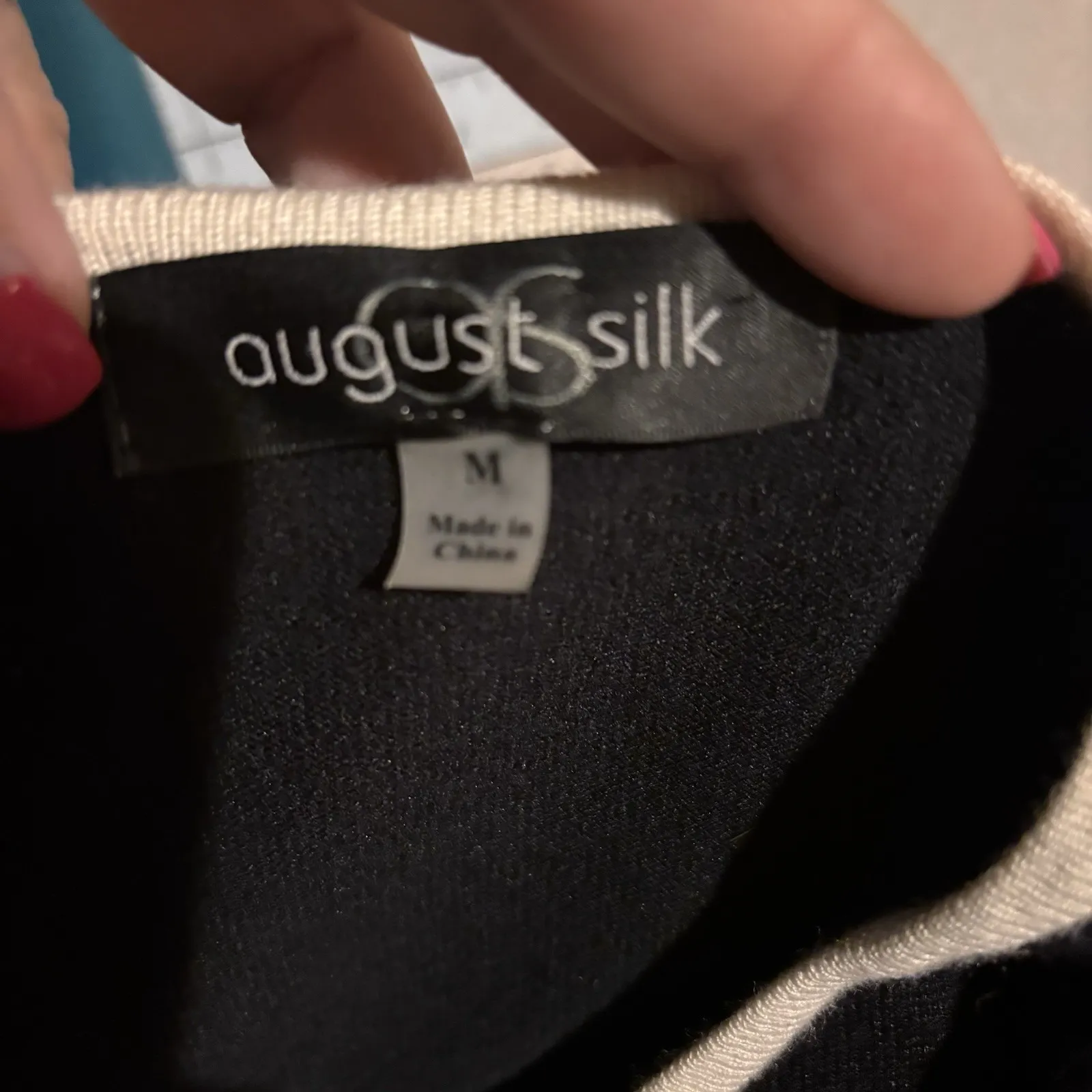 August Silk Two Tone Black Ivory Keyhole Knit Top Button Sleeve Womens Medium - Image 6