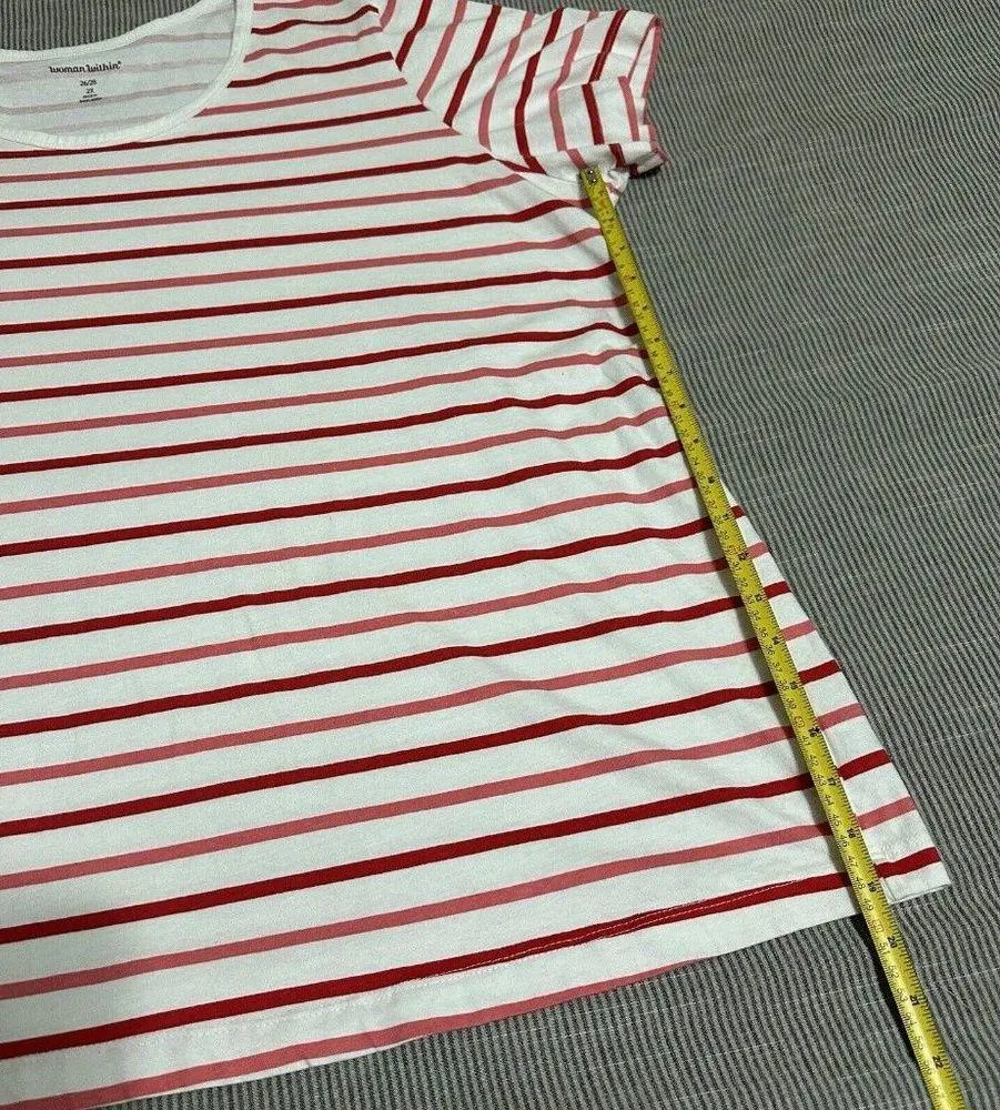 Woman Within Plus Size 26/28 2X Short Sleeve T Shirt White Stripe Red/Pink - Image 2