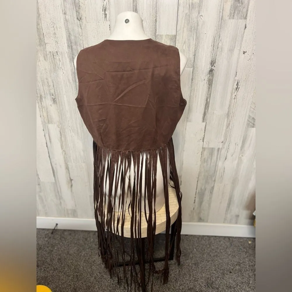 Ashro Brown Fringe Vest Boho Faux Suede Western Style Women’s Size 14 Brown Size L - Image 3