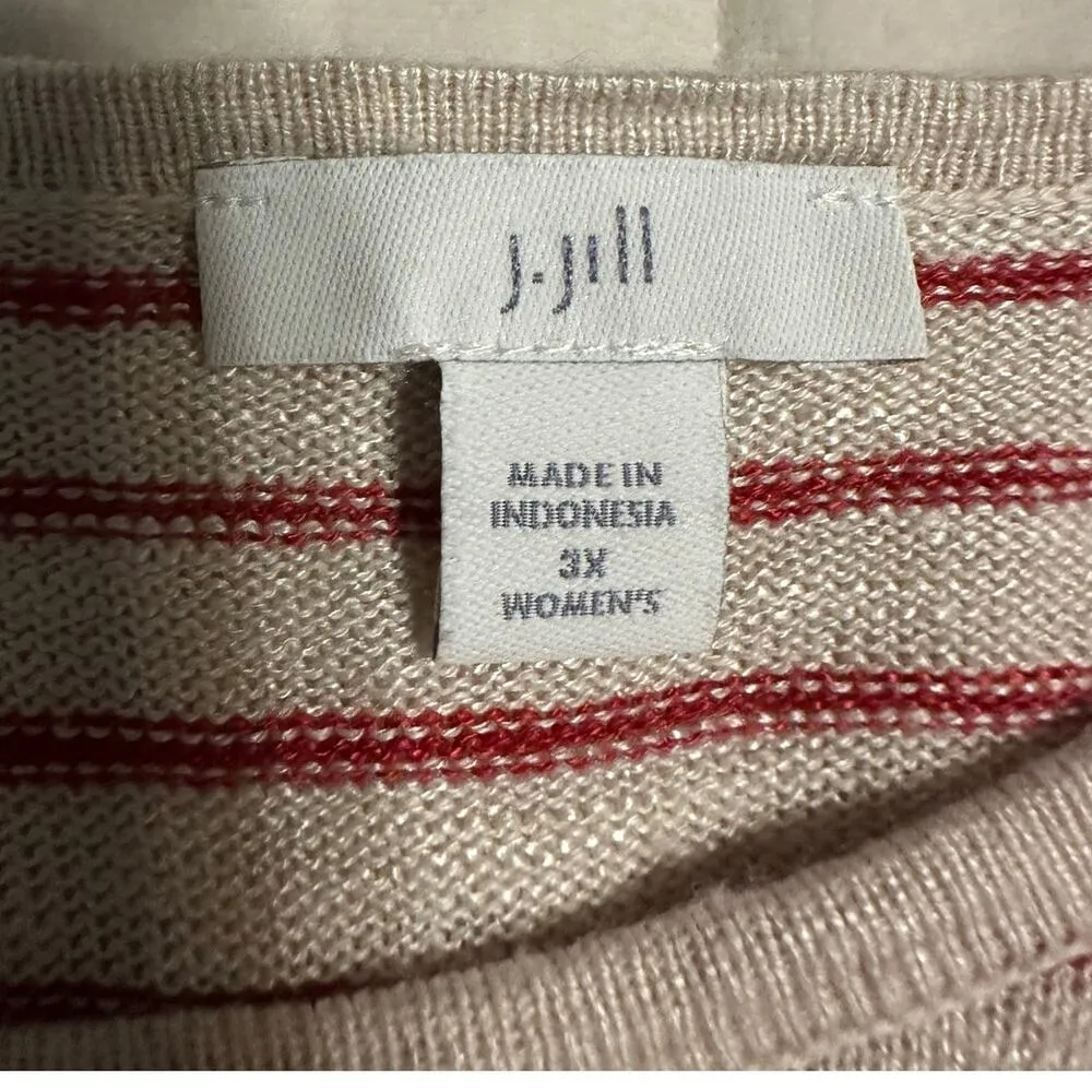 J. Jill Linen Blend Blouse Women's Plus Size 3X Stripes Bell Sleeves Sweater Top Red - Image 3